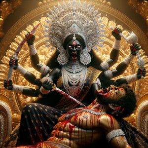 portrait of extremly angry looking goddess durga, black skinned,...
