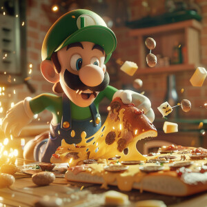 generate a 3D realistic image of Luigi battling with a vary chee...