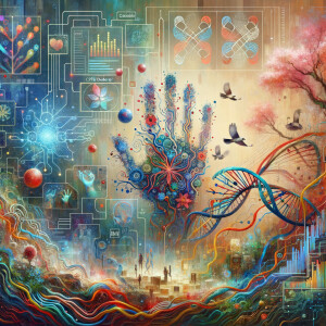 circuitry, diagrams Cellular structures, DNA, circuit boards, colorful wires,  asian and Egyptian  graffiti, lie detector graphs, cardio, printout , branches infinity sign, cave, Art, handprints, distant birds flying, flowering vines, abstract gestural painting, dna