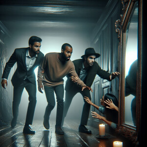 Two men and one woman found a dark gloomy mirror in a scary hous...