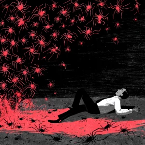 Man in 50s laying on the floor with a black and red spider and a...