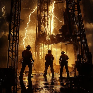 Texas oil rig workers working on the rig during a lightning stor...