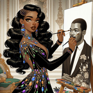 In a high-class, elegantly decorated studio, a very light-skinne...
