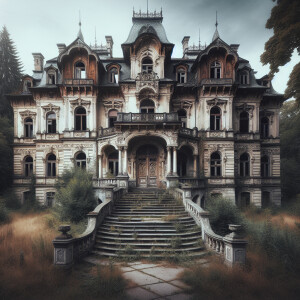 Large abandoned mansion eith long staircase going to the front d...