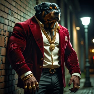 A colossal Man-Rottweiler hybrid stands, its muscular frame sign...