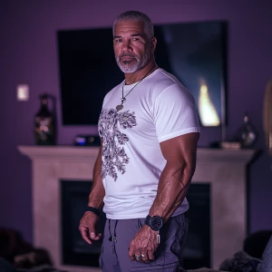 A photograph of a bodybuilder well build no wrinkles older man w...