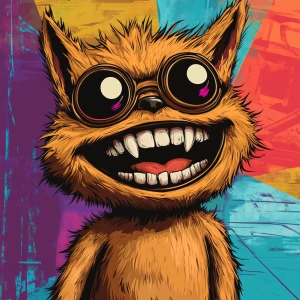 Stylized character portrait of a mischievous designer toy creat...