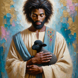 Oil painting of an African-American man resembling Jesus Christ,...