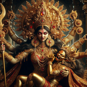 portrait of angry looking goddess durga sitting on a gold crown...