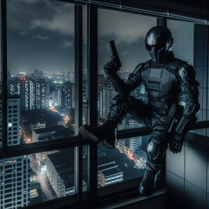 a masked Jason Todd (from teen titans)crouching on a ledge of a...