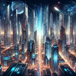 A technologically advanced cityscape on an artificial planet, sp...