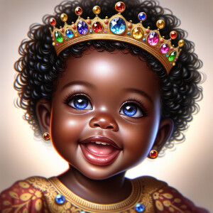 "Create a digital portrait of an adorable african-American baby girl with a joyful expression. She is wearing a gold crown with colorful jewels. Her big, bright blue eyes are wide with wonder, and her tiny mouth is shaped in a happy grin. Her skin has a warm, honey-brown tone, and she has an abundance of thick curly black hair, The background is soft and neutral to keep the focus on her delightful features. The portrait should be vibrant and heartwarming, celebrating the innocence and charm of childhood."