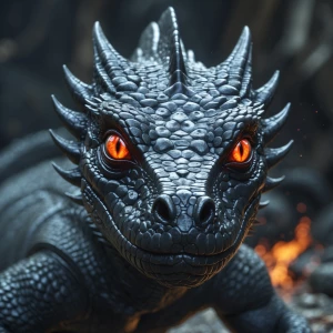 Demonic mighty lizard with scales as black as coal and eyes that...
