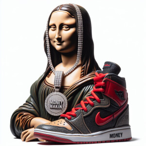 Mona Lisa wearing Jordan 1 and diamond chain with a pendant that...
