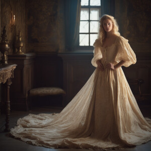 A beautiful blonde woman in a 17 century nightgown in a 17th cen...