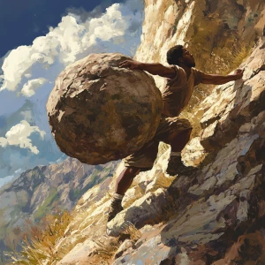 Generate an image depicting a young African American man exerting effort to push a large boulder up a steep hill.