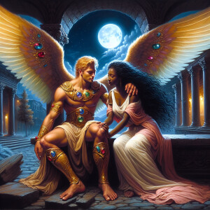 Create an oil painting image featuring a male angel and a grievi...