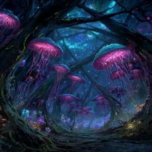 A vast, eerie alien forest viewed from a low angle, framed by to...
