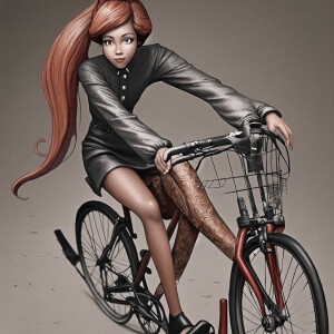 Ink wash panting: park landscape riding a bicycle. A caricature...
