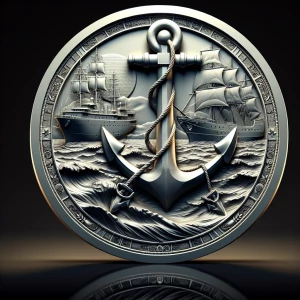 a bas relief of a fouled anchor in front of a seascape with a Na...