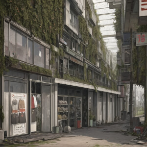 a poster of a clothing store, clothes are hung everywhere, metal...