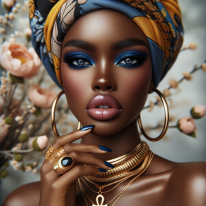 Create an image of an african-American, graceful woman , striking blue eyeshadow, and full lips. She wears large, golden hoop earrings and multiple necklaces, one with a prominent ankh pendant. Her hair is hidden beneath a vibrant, patterned head wrap in shades of blue, yellow, and orange. Her nails are painted dark blue, complementing her eyeshadow, and her fingers are adorned with a large, ornate gold ring. She poses elegantly against a background filled with soft pastel flowers, highlight her beauty