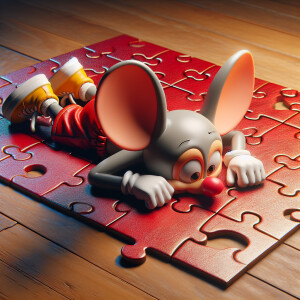 Mickey mouse laying face down on a puzzle of crimson paint