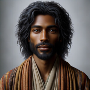 Create an image of a serene African American man with medium-len...
