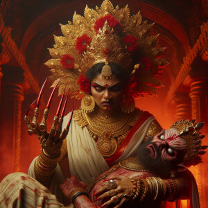 portrait of angry looking goddess durga  carrying a weak mahishasur in her arms and poking him with her amazingly long red fingernails. She is wearing a huge gold crown, white saree, abundant  gold jewelry, covered in blood. The scene is set in ancient India. The image is 8K resolution, cinematic, ultra detailed face and epic.