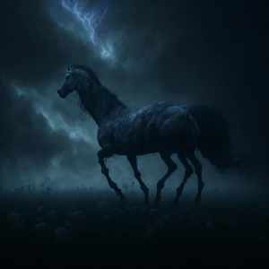 A ghostly horse materializes from the billowing clouds overhead,...