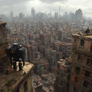A vast, abandoned cityscape. Crumbling buildings fill the enviro...