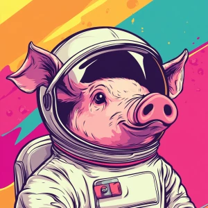 Cute cartoon pig in vintage white spacesuit and NASA style helme...