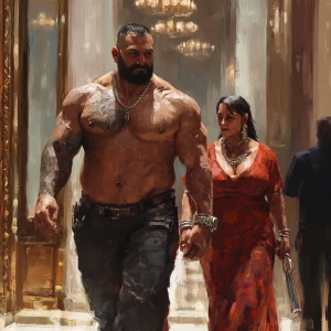 Realism style 1:1,A sweaty beefy man walking with his 54 year ol...