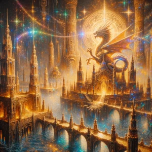 A shimmering holographic representation of an ancient city fille...