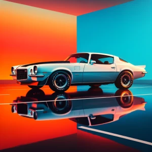 "Visualize a 1974 Camaro with a sleek white paint job accentuate...