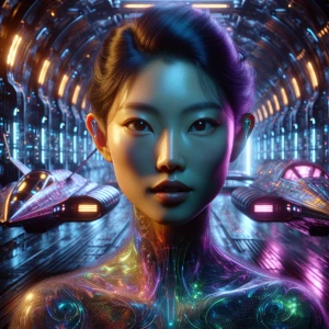 In a bioluminescent time-warped starship hangar, the walls pulse...
