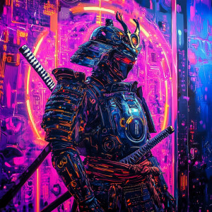 In a dystopian future world, a neon-bathed cyborg samurai stands...