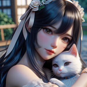 Realistic anime woman with dark blue hair and dark brown eyes. S...