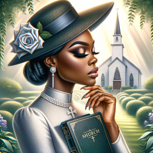 Render an airbrush oil painting of an African American woman with flawless makeup in a
contemplative pose, holding a Bible close to her heart, dressed in an elegant Sunday Best
outfit with a distinctive Church Hat. The background features a peaceful church garden,
with light filtering through the trees, highlighting her spiritual connection and the personal
moment of reflection. The artwork should capture the tranquility of the scene, the beauty
of her attire, and the depth of her contemplation, reflecting a serene and spiritually