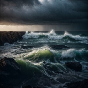{Hyper-realistic photo of a {stormy seashore}, captured from the...