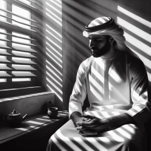 Create a monochromatic portrait of a man seated beside a window,...