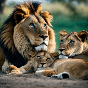 A male lion with striking blue eyes, comfortably lying beside a...
