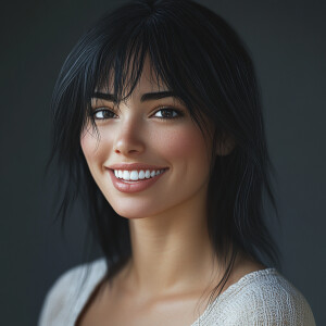 Create an image of an exquisite woman with black hair smiling en...