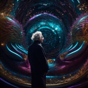Create a vivid depiction of Albert Einstein undergoing a gradual...
