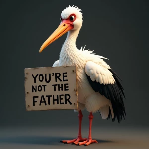 Stork  holding a sign saying "YOU'RE NOT THE FATHER", ultra-deta...