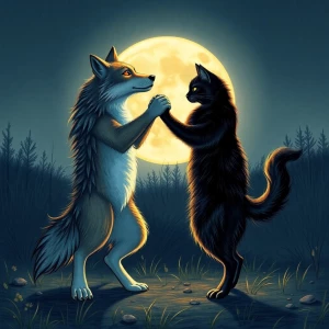 A wolf and a cat perform a harmonious dance in a moonlit clearin...