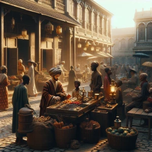 A bustling market square set in a timeless era, with vendors sel...