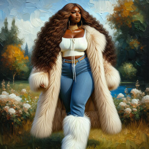 Craft a 4K glossy oil painting portraying a regal, plus-size Afr...