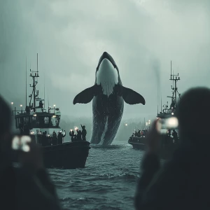 A realistic cinematic scene of a giant orca whale being seen fro...