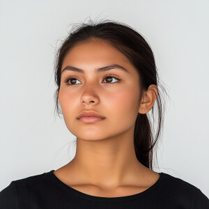 A 22-year-old Mexican woman with brown skin and a clean, modest...